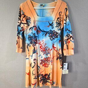BaMBoo Co Square Neck Tunic, Size M, Peach with Floral Print, 3/4 Sleeve